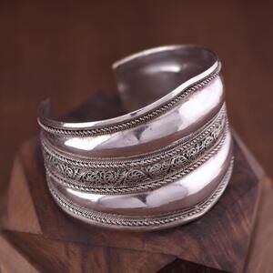 Vintage Large Tribal Oxidized Metal 925 Sterling Cuff Bracelet